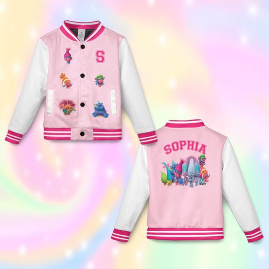 Personalized Trolls Kids & Adults Name Varsity Jacket, Custom Kids Varsity Jacket, Princess Princess Poppy Jacket, Birthday Girl Gift