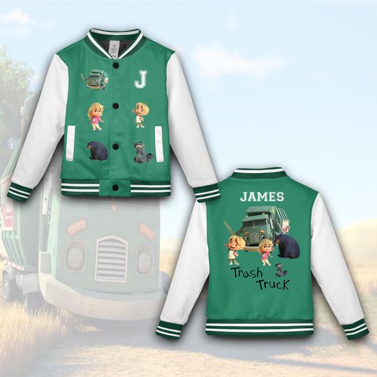 Personalized Trash Truck Kids Name Varsity Jacket, Custom Kids Varsity Jacket, Trash Truck Jacket, Birthday Boy Gift, Trash Truck Shirt