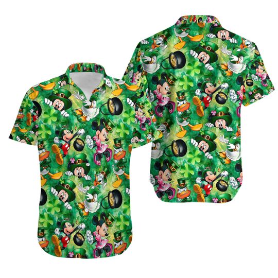 Disney St Patricks Day Green Hawaiian Shirt, Mickey And Friends Button Up Shirt, Irish Day Shirt, 3D Hawaiian Aloha Shirt