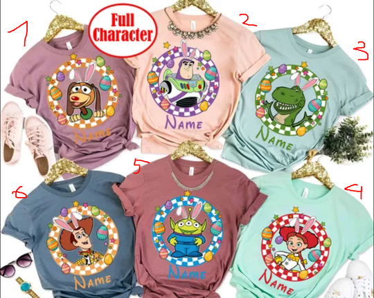 Personalized Multi Characters Checkered Toy Story Happy Easter Shirt, Disney Characters Easter 2025 Shirt, Disneyland Family Vacation Shirt