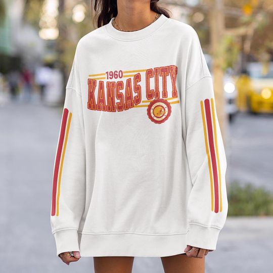 Kansas City Football Retro Crewneck Sweatshirt, Chief Retro Stripe Sleeve Sweatshirt, KC Chief Unisex Shirt, Game Day Shirt, Chief Fan Gift
