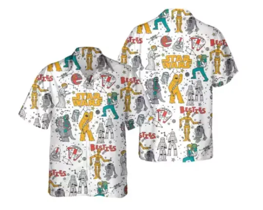 Galaxy's Edge Group Shot Constellation Doodles R2-D2 C-3P0 Leia Hawaiian Shirt