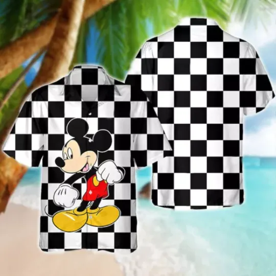 Cute Mickey Mouse Glancing Checkerboard Black & White Hawaiian Shirt