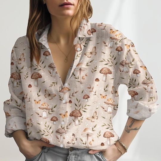 Mushroom Goblincore Linen Shirt, Nature Casual Shirt, Garden Blouse Women Shirt, Mushroom Collector Shirt, Vintage Shirt For Women