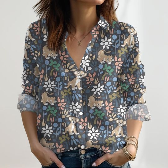 Simba Linen Shirt Women, Disney Lion King Casual Shirt, Animal Long Sleeve Shirt, Mufasa Simba Blouses Tops Women, Linen Tee For Mom
