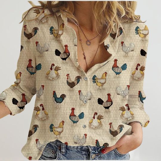 Joycorners Chickens Linen Shirt, Cute Chicken Casual Shirt, Farmer Long Sleeve Shirt, Animals Blouses Tops Women, Gift For Mom