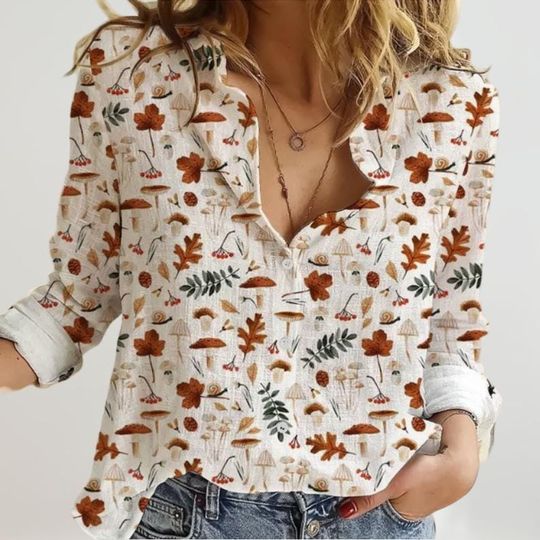 Mushroom Linen Shirt Women, Flowers Casual Shirt,  Farmer Blouse Women Shirt, Mushroom Long Sleeve Shirt, Vintage Shirt For Women