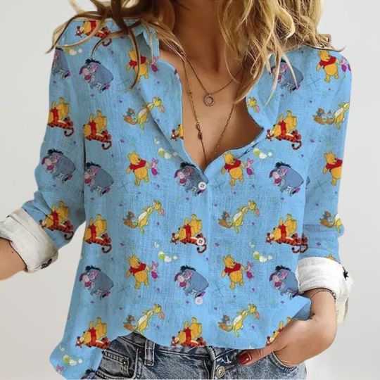 Winnie The Pooh Linen Shirt Women, Disney Pooh Casual Shirt, Eeyore Tigger Long Sleeve Shirt, Pooh Bear Shirt Women, Disney Trip Tee