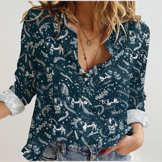 Holstein Cows Linen Shirt, Holstein Friesian Casual Shirt, Cute Cow Long Sleeve Shirt, Farmer Blouses Tops Women, Animal Lover Tee