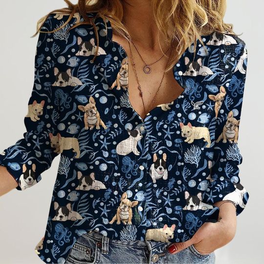 French Bulldog Linen Shirt, Bulldog Women Shirt, Cute Dog Blouse Women Shirt, Animal Long Sleeve Shirt, Frenchie Tee, Dog Lover Gifts