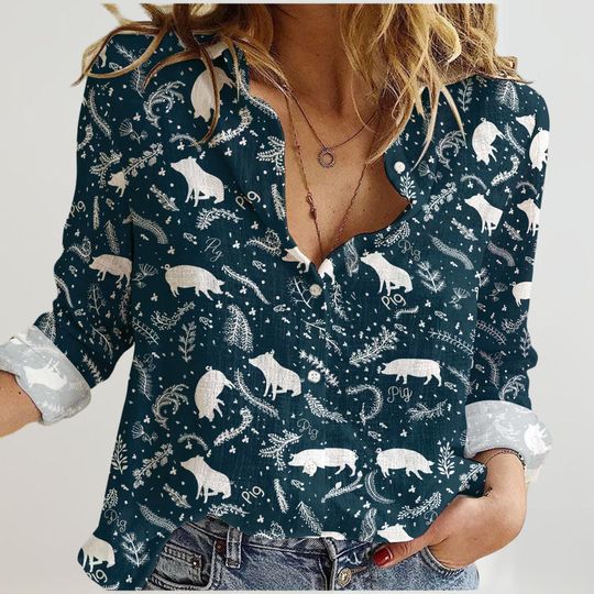 Pig Linen Shirt Women, Cute Pig Casual Shirt, Animal Blouse Women Shirt, Farmer Long Sleeve Shirt, Pig Lover Matching Shirts