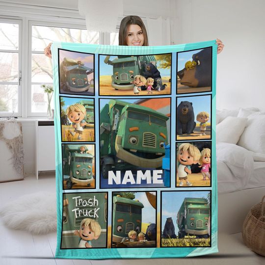 Trash Truck Blanket, Personalized Trash Truck Fleece Blanket, Custom Name Kid Baby Blanket, Birthday Gift, Christmas Gifts