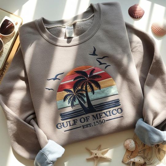 Embroidered Gulf of Mexico SweatShirt, Gulf Coast Shirt, retro Mexico Beach Crewneck, Golfo de mexico, Gulf of Mexico Forever