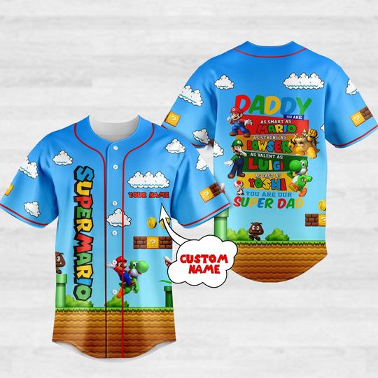 Super Daddio Jersey, Super Mario Jersey Shirt, Gamer Dad Baseball Jersey, Custom Name Shirt, Super Dad Shirt, Father's Day Gift