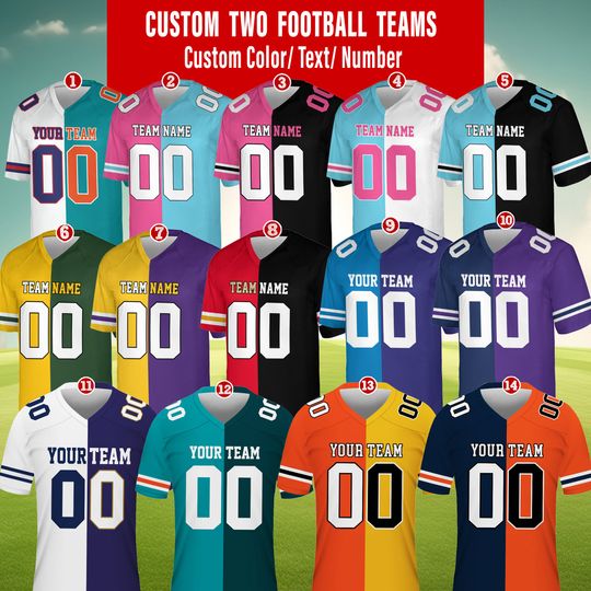 Personalized Any Two Football Team, Custom Team Name And Number Football Jersey, V-neck Short Sleeve Jersey Shirt, Football Jerseys