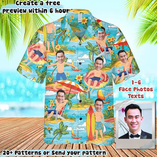 Personalized Photo Hawaiian Cartoon Shirt Custom Dog Cat Face Tropical Pattern Shirt for Men Women Birthday Bachelor Party Gift Summer Gift