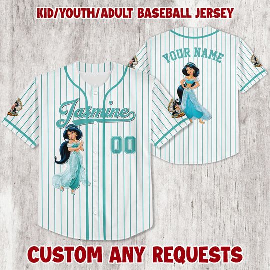 Personalized Princess Jasmine Baseball Jersey  Princess for Kids, Youth & Adults Jersey , Magic Kingdom Family Matching Shirt
