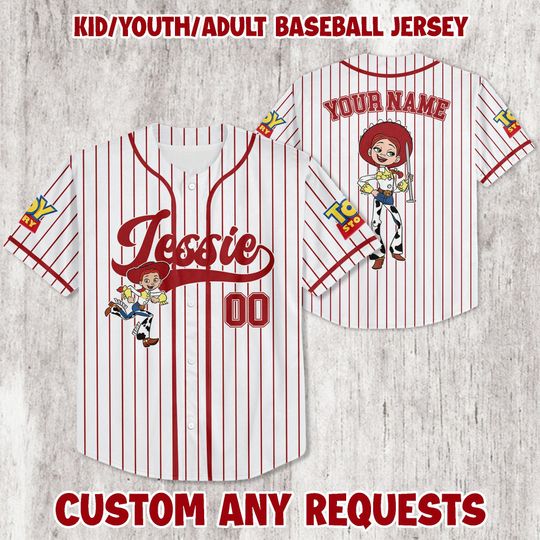 Personalized Toy Story Jessie Baseball Jersey  Custom Name Jersey for Kids, Youth & Adults | Family Trip Outfit Birthday Gift