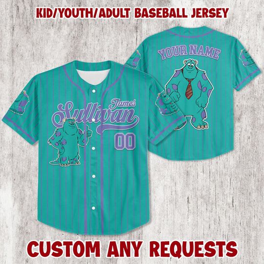 Personalized Monsters Inc James Sullivan Cyan Baseball Jersey, Custom Baseball Team Jersey, Perfect Birthday Gift for Monsters Inc Fans