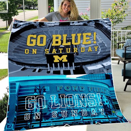 Go Blue on Saturday, Go Lions on Sunday Blanket, Big House and Ford Field, Football Fan Blanket, Michigan Wolverines & Detroit Lions Gift
