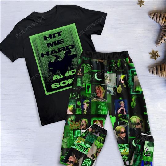 Billie Eilish Pajamas Set, Hit Me Hard and Soft Pajamas Set, Billie Eilish Christmas Pajamas Set.