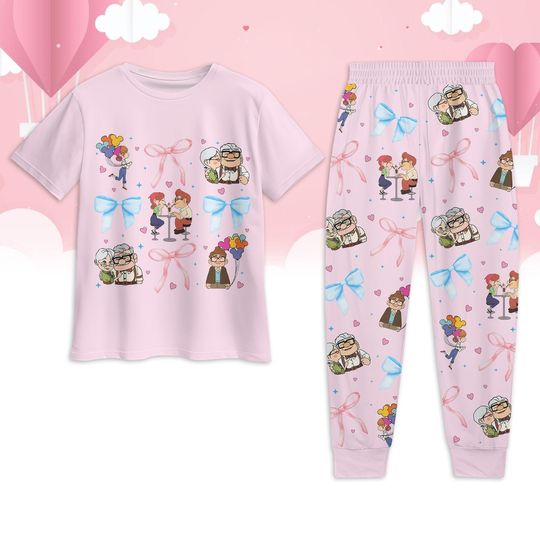Carl And Ellie Couple Pajamas Set, Disney Pixar Up Sleepwear, Carl Disney Up Pajamas Set, Up Movie T-Shirt Pants Set, Cute Honeymoon Gi