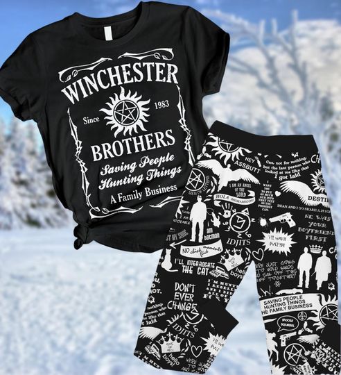 Halloween Winchester Brothers Pajamas Set, Supernatural Movie Tshirt, Dean Winchester Pajamas Family, Tv Series Pajamas Set For Man Women