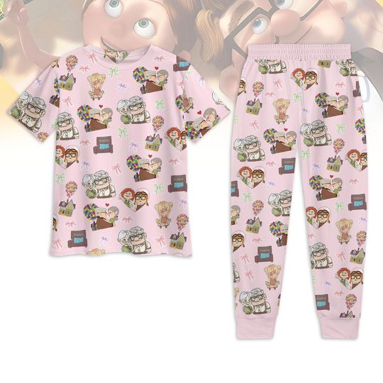 Carl Disney Up Pajamas Set, Up Movie T-Shirt Pants Set, Carl and Ellie Couple Pajamas Pants, Cute Honeymoon Gift, Disney Pixar Up Sleep