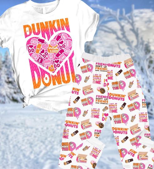 Dunkin Donuts T-Shirt Pants, Dunkin Donuts Pajamas Set, Coffee Lover Pj Set, Dunkie Junkie Coffee Short Sleeve Pjs, Foodie Gift For Women