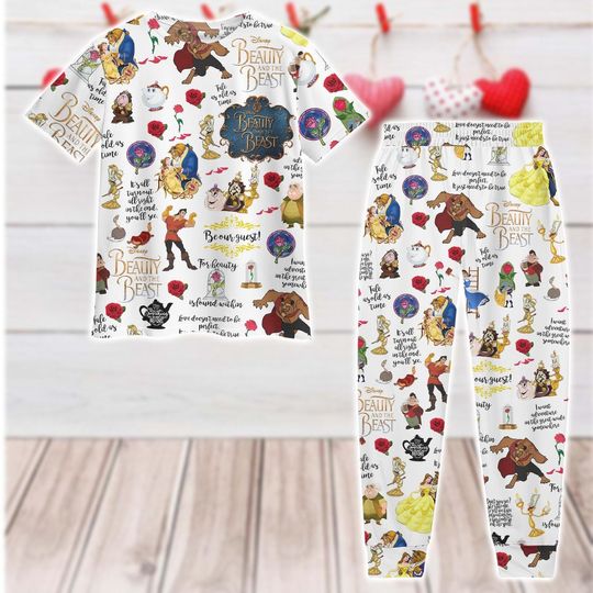 Beauty And The Beast Valentine Pajamas, Her Beast His Beauty T-Shrit Pants Set, Disney Valentines Loungewear, Belle Princess Sleepwear