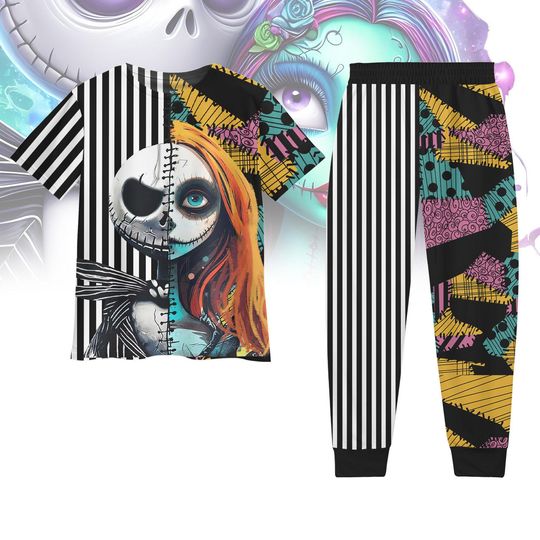 Valentine Jack And Sally Family Pajamas Set, His And Hers T-Shirt Pants, Disney Couples Honeymoon Gift, Nightwear Long Sleeve Pajamas