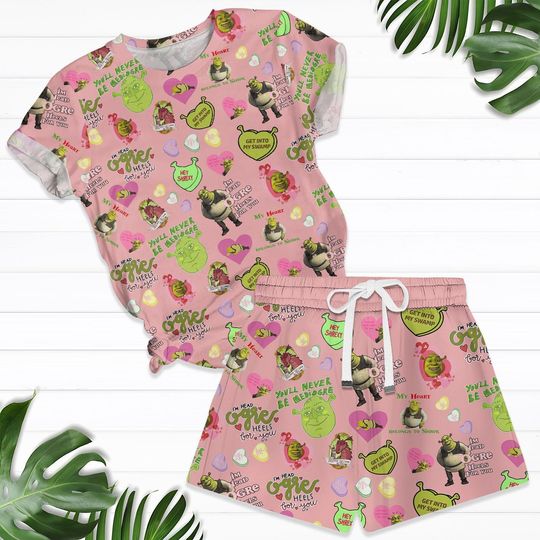 Shrek Pajamas Set, Cartoon Movie Holiday Women Pajamas, Holiday Pajamas, Cute Tshirt And Short, Funny Pajamas For Party, Gift For Fan