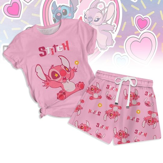 Disney Stitch Pajamas Set, Pink Stitch T-Shirt Short Set, Disney Cartoon Sleepwear, Disneyland Family Pajamas, Couple Matching Pajamas