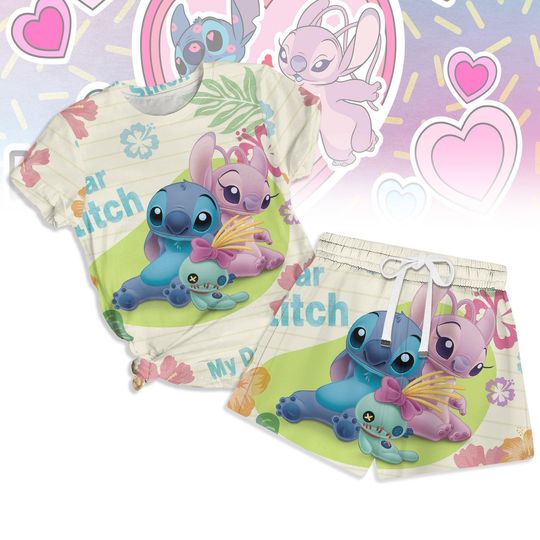 Stitch And Angel Scrump Pajamas Set, Disney Stitch Couple T-Shirt Short Set, Stitch Unisex Set For Women, Stitch Cartoon Summer Short