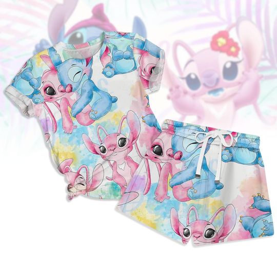 Stitch And Angel Pajamas Set, Disney Cartoon T-Shirt Short Set, Stitch Matching Outfit, Stitch Heart Loungewear, Gift for Sleep Lover