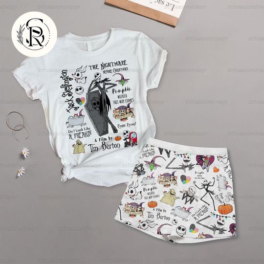 Halloween Jack Skellington T-Shirt Short Set, Nightmare Before Christmas, Horror Character Pajamas Set, Spooky Movie Workout Shorts