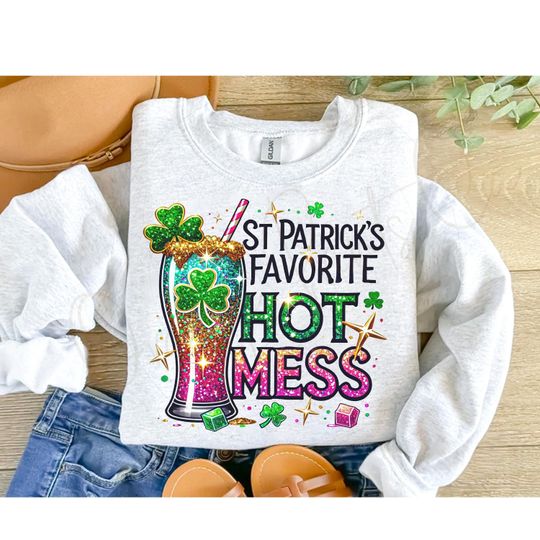 St Patricks Hot Mess  , Funny Glitter Shamrock Beer  , Pattys Day Adult Humor  , Funny Irish Drink Alcohol Green Beer