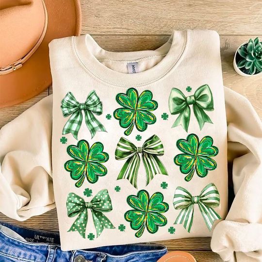 Coquette Patrick's Day Bow  , Patrick Day  , Shamrock Lucky Bow  , Trendy  , Irish Patrick Day Shirt Design, Brushstroke, Green Day