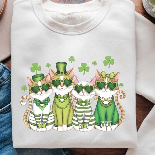 St Patricks Day Cat  , St Patty's  , Funny Cat Shirt  , Cat Patrick Day Sweater  , Retro St Patrick, Lucky Cats  , Festive Sweater