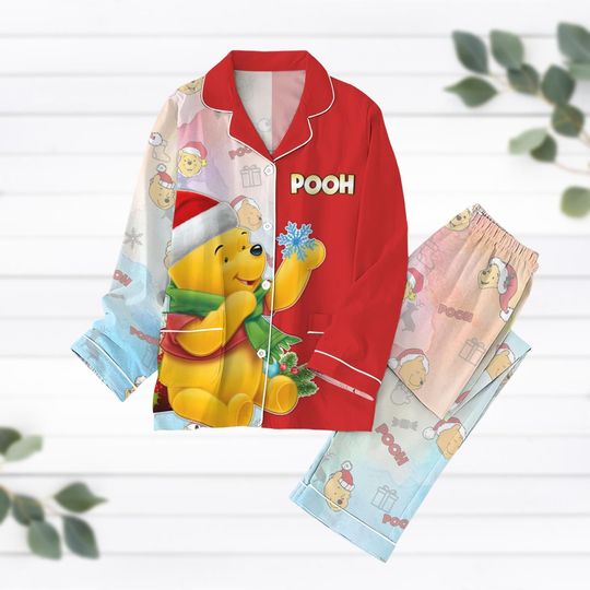 Winnie The Pooh Pajamas, Pooh Santa Hat Kid Women Pajamas, Pooh Bear Pajamas Christmas, Cute Disneyland Pajamas, Christmas Gift