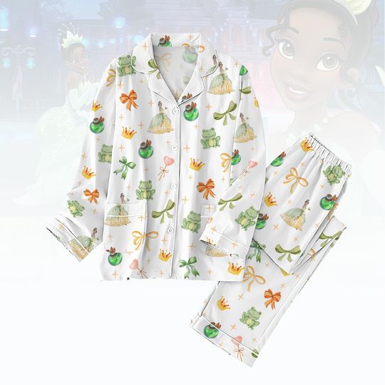 Tiana Princess And The Frog Pajamas, Coquette Bows Disney Women Pajamas, Princess Tiana Holiday Pajamas, Disney Cartoon Pjs For Kids