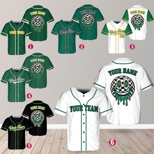 Custom St. Patrick's Baseball Jersey, Green Irish Team Shirt, Personalized Lucky Clover Jersey, Checkered Smiley Face Jersey, Sports Gift