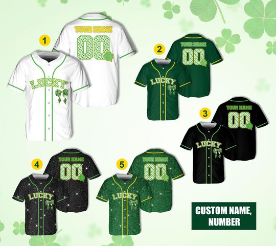 Personalized Lucky St. Patrick's Day Baseball Jersey, Custom Name Number Irish Clover Shamrock Jersey, Green Coquette Bow Baseball Jersey
