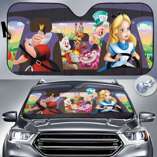 Alice Driving On Car Sun Shade, Alice In Wonderland Car Windshield Cover, Auto Sun Shade, Car Accessories