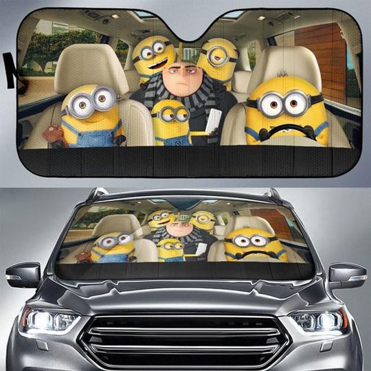 Minion Driving On Car Sun Shade, Minion Car Windshield Cover, Auto Sun Shade, Car Accessories