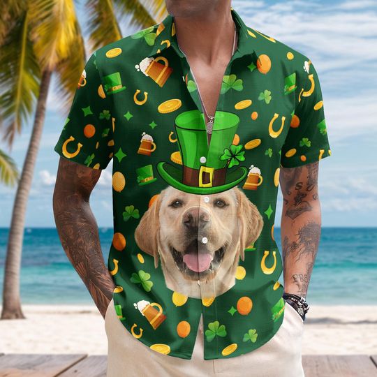 Custom Pet Face St Patrick's Day For Dog Lovers, Cat Lovers, Personalized Photo Hawaiian Shirt, Custom Photo Pet with Shamrocks Shirt