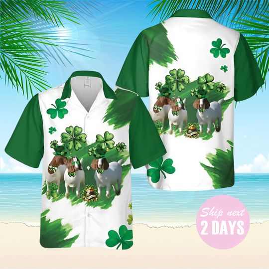 Boer Goat St. Patrick's Day Hawaiian Shirt, Lucky Clover Hawaii Shirt, Festive Irish Holiday Aloha Button Down Shirt, Patrick's Day Gifts