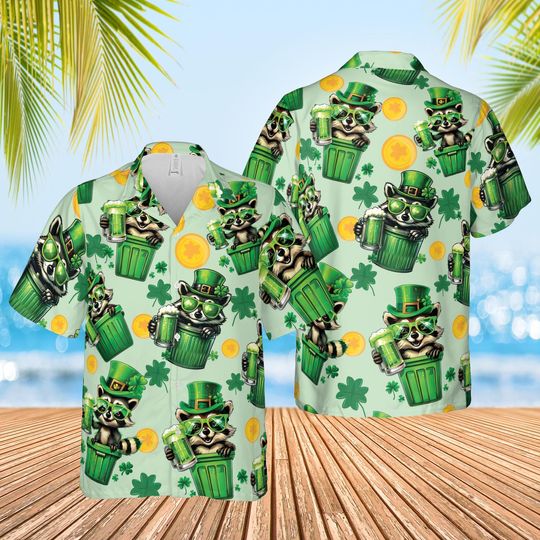 Funny St Patricks Day Drinking Raccoon Hawaiian Shirt, Trash Panda Raccoon Lucky Shamrock Button Up Shirt, Irish Green Beer Drinking Shirt