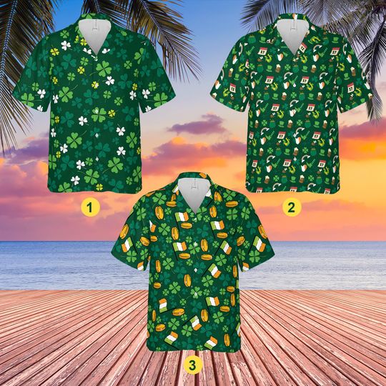 Happy St Patricks Day Hawaiian Shirt, Green Clover Gold Coins Button Up Shirt, Green Shamrock Irish Flag Shirt, Lucky St Patricks Day Gifts