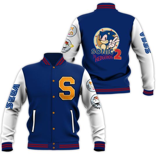 Sonic The Hedgehog 2 Men's Varsity Jacket-SEGA Sonic Bomber Wool Body & Genuine Leather Sleeves Varsity Jacket-Gamers Edition Gift